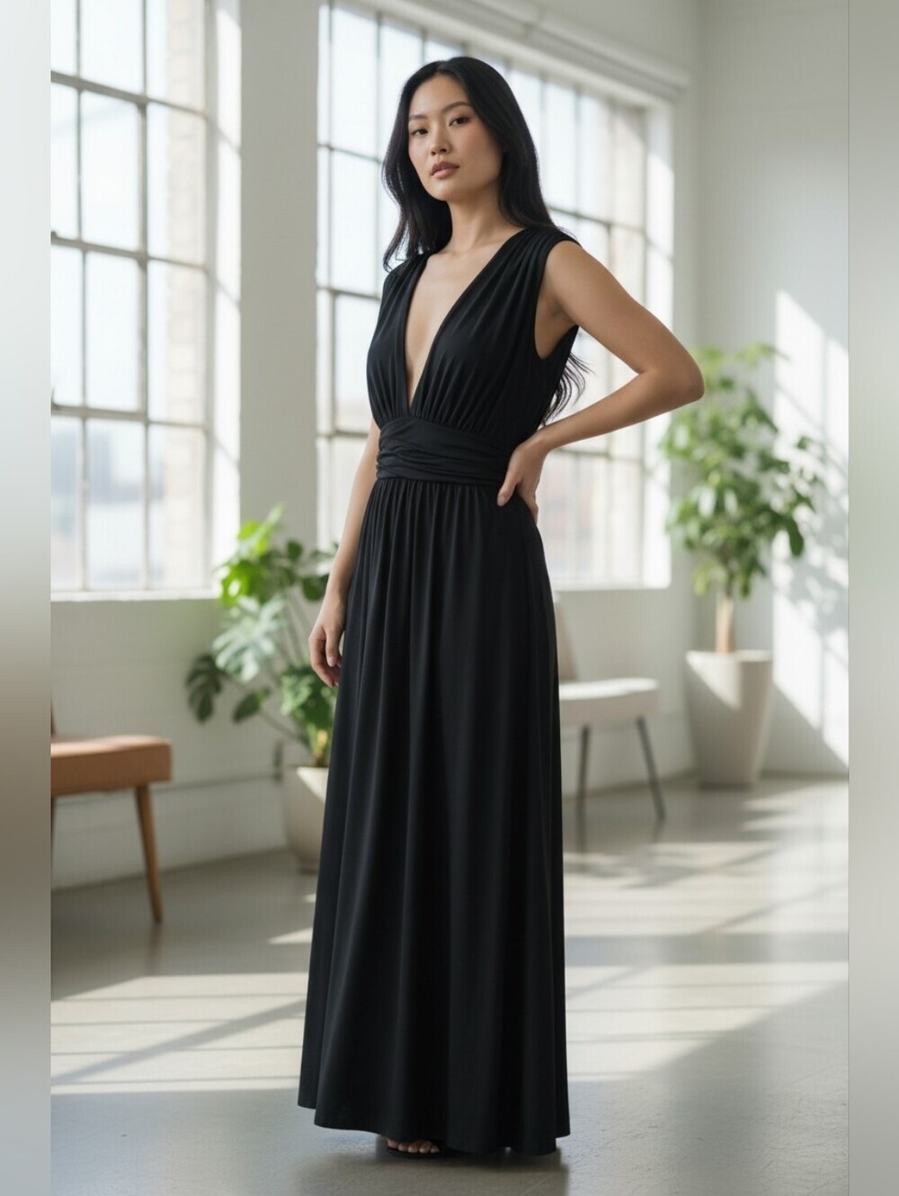 Elegant Black Plunging V-Neck Maxi Dress